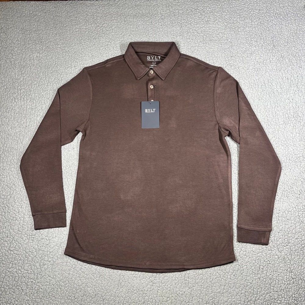 BYLT Comfort Wool Long Sleeve Polo Mens L Plum Brown Minimalist Casual